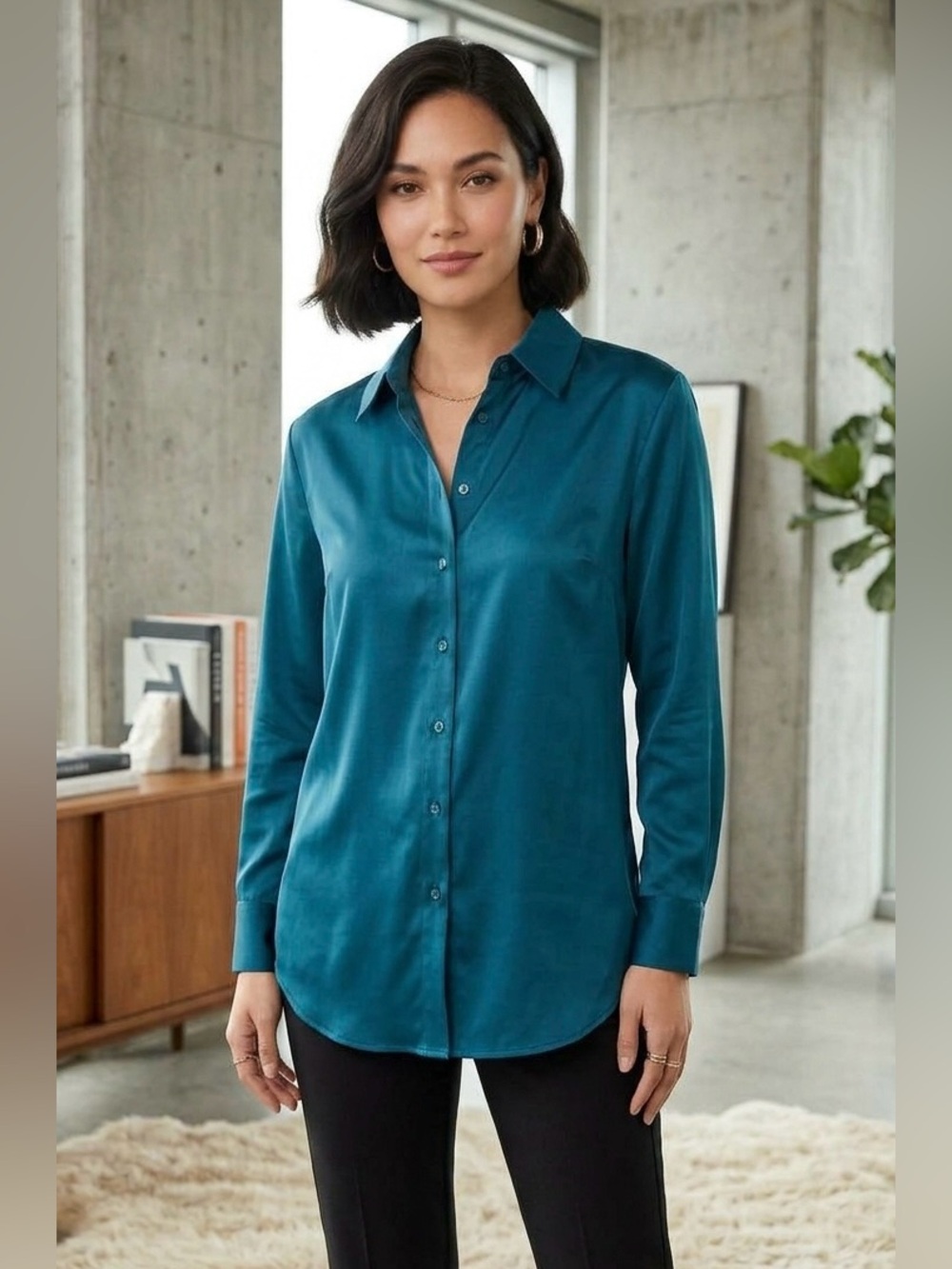 247 - 250 NWT Zenana Teal Satin Like Long-Sleeve Button-Up Blouse